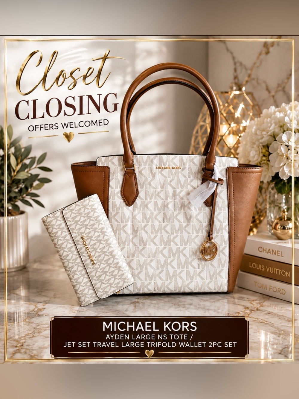 Michael Kors AYDEN Large NS Tote/JET SET TRAVEL Large Trifold Wallet 2pc Set